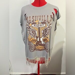 Boutique Gray Nashville Music City Fringe Rhinestones Ripped Rock Size XL